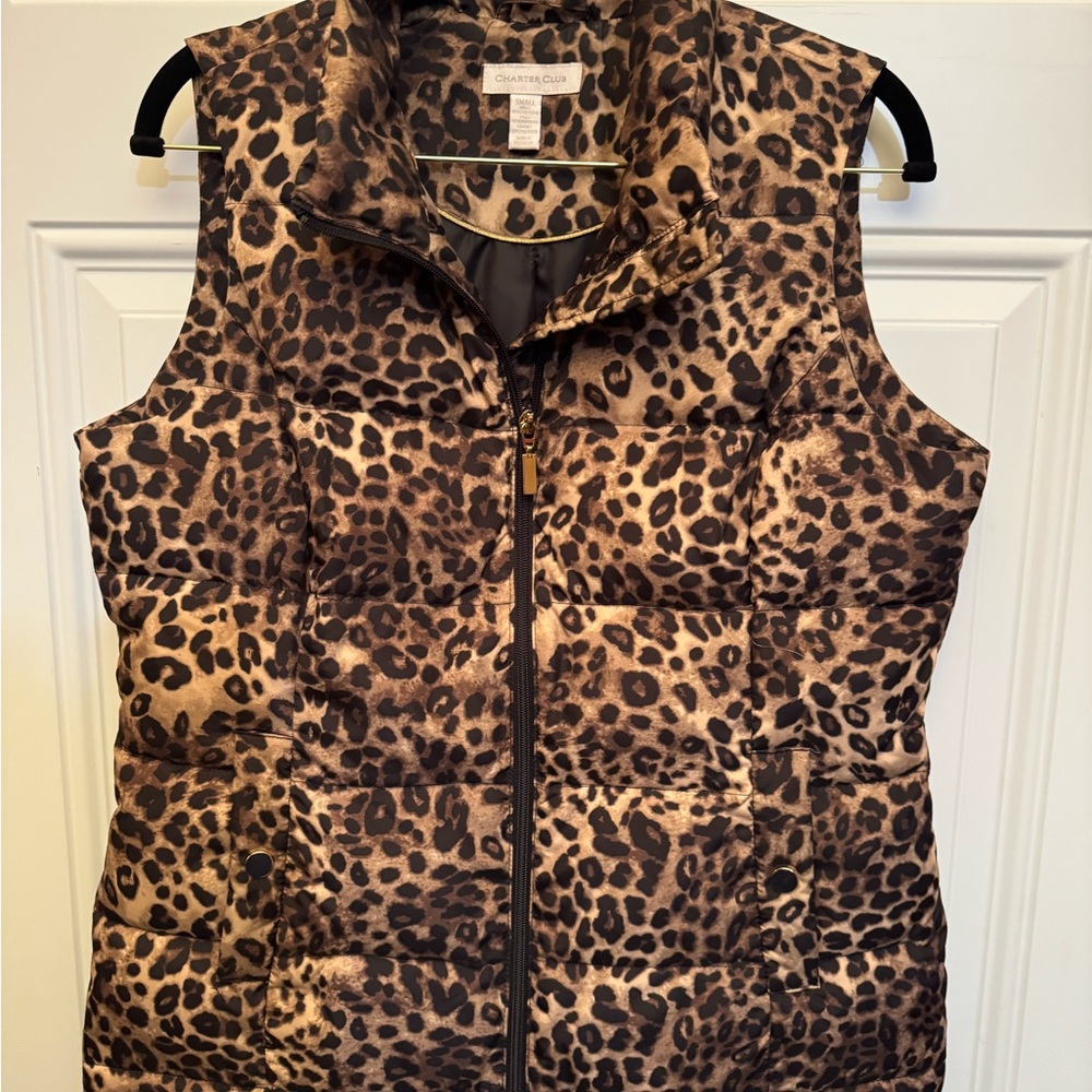 Charter Club Brown and Black Leopard Puffer Vest